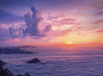 sunset, mountain, clouds